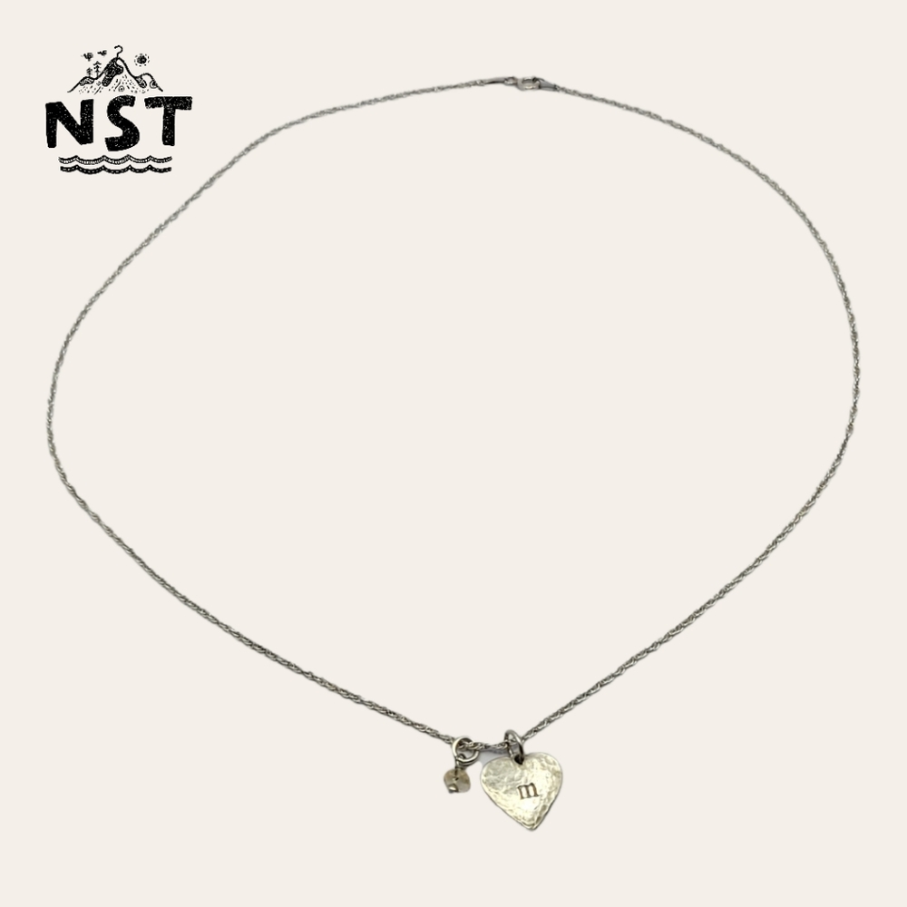 Silver Engraved "M" Heart Shaped Pendant Necklace with Topaz Charm